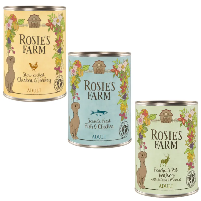 Lägg i varukorgen Ekonomipack Rosie‘s Farm Adult 24 x 400 g Blandpack II (Kyckling, Fisk, Vilt)