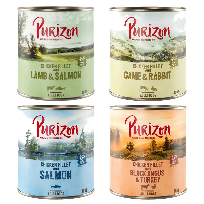 Ekonomipack Purizon 24 x 800 g - Blandpack (8 x Black Angus, 8 x Lamm, 4 x Lax, 4 x Vilt) Erbjudandepris
