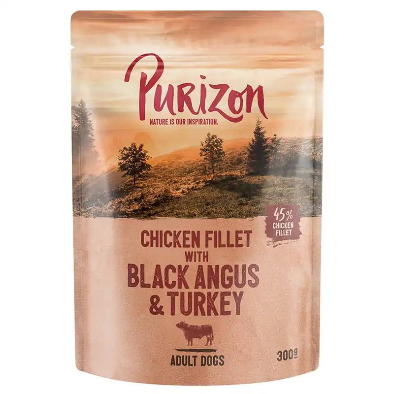 Handla nu Ekonomipack Purizon Adult 24 x 300 g - Adult Kycklingfilé med Black Angus, kalkon, sötpotatis & tranbär