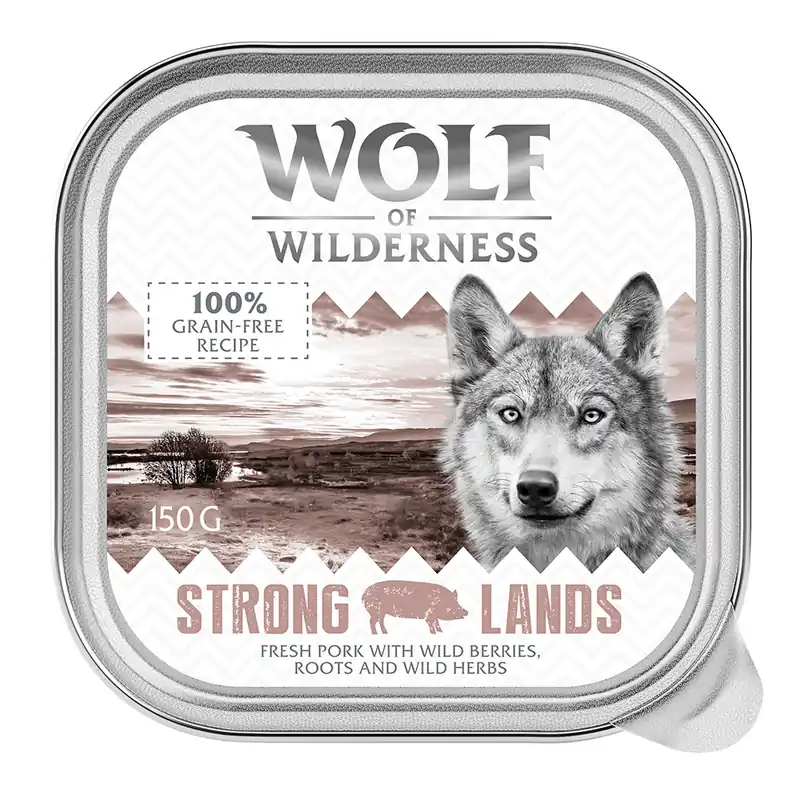 Begränsat erbjudande Ekonomipack Wolf of Wilderness Adult - Single Protein 24 x 150 g - Strong Lands - Pork