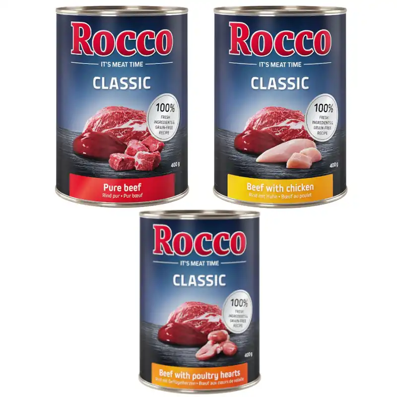 Rocco Classic Provmix 6 x 400 g - Bestseller-mix Nötkött pur, Nötkött & fjäderfähjärtan, Nötkött &kyckling Populärt val