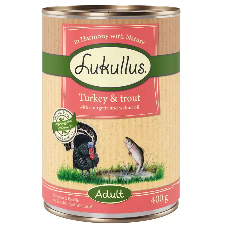 Lukullus Naturkost Adult Grain Free 6 x 400 g - Kalkon & öring I lager
