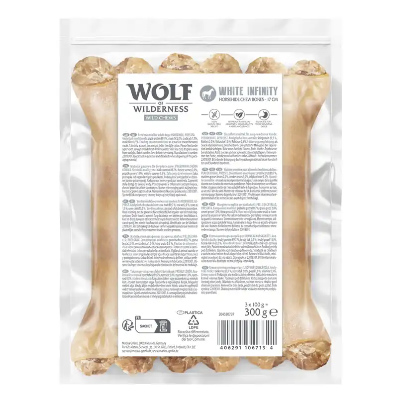Trygg betalning Wolf of Wilderness tuggben av hästhud "White Infinity" - 3 x 17 cm (300 g)