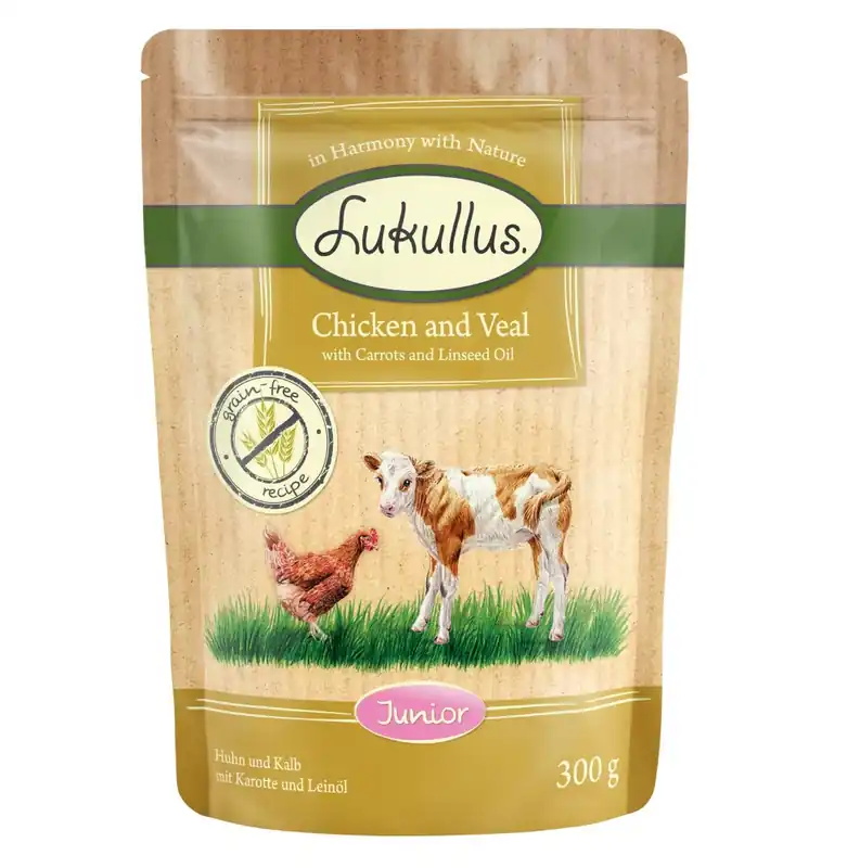 Lukullus Naturkost Junior Grain Free Pouch 6 x 300 g - Kyckling & kalv Begränsat antal