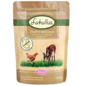 Beställ idag Lukullus Naturkost Junior Grain Free Pouch 6 x 300 g - Fjäderfä & vilt