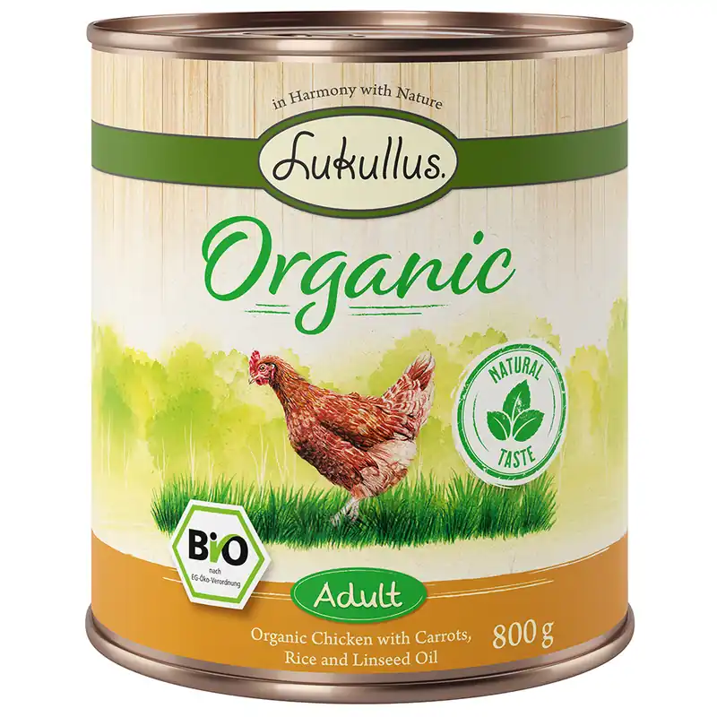 Lukullus Organic Adult ekologisk kyckling & ekologisk morot (glutenfritt) - 6 x 800 g Nedsatt pris