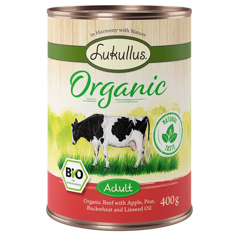 Lukullus Organic Adult ekologiskt nötkött & ekologiska äpplen (glutenfritt) - 6 x 400 g Begränsad tid