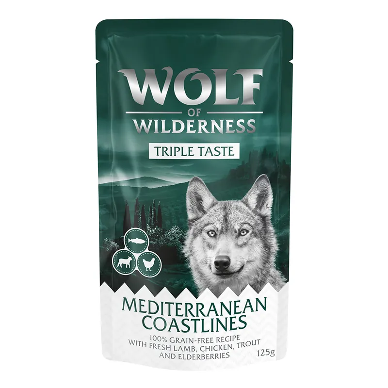 Begränsad tid Wolf of Wilderness Triple Taste 12 x 125 g - Mediterranean Coastlines - lamm, kyckling, öring