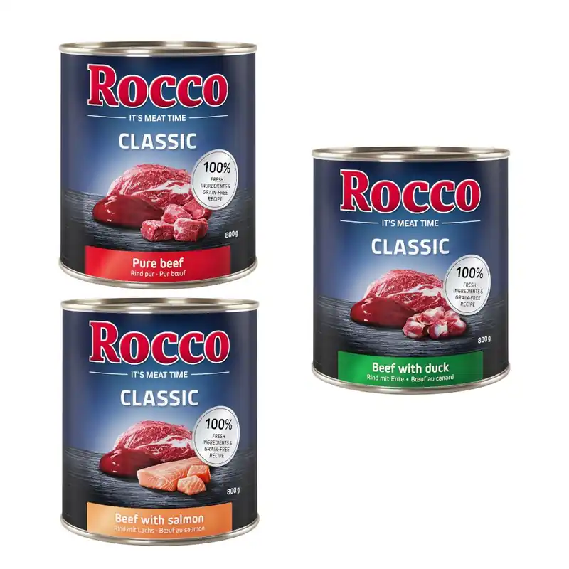 Beställ idag Ekonomipack Rocco Classic 24 x 800 g - Exklusivmix Rent nötkött, Nötkött & lax, Nötkött & anka