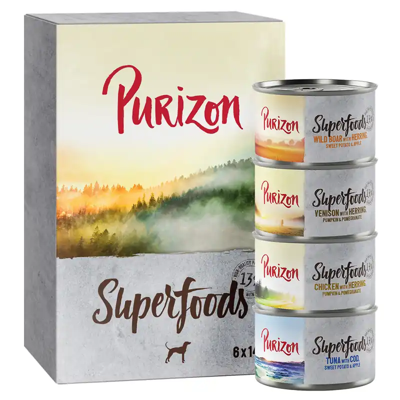 Purizon Superfoods 6 x 140 g - Mixpack (2 x kyckling, 2 x tonfisk, 1 x vildsvin, 1 x vilt) Kampanj
