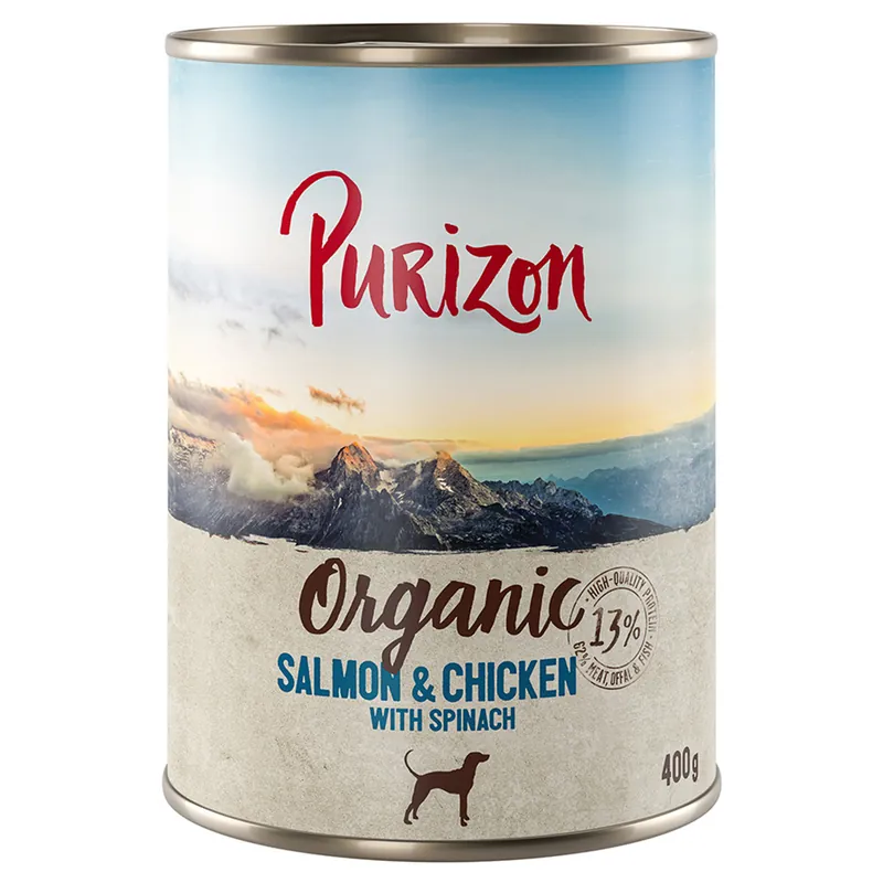 Ekonomipack Purizon Ekologisk 24 x 400 g - Ekologisk Lax & Ekologisk Kyckling med Ekologisk Spenat Premium