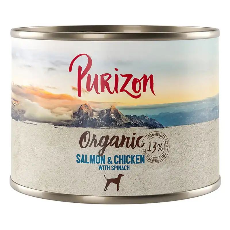 Snabb leverans Purizon Ekologisk 6 x 200 g - Ekologisk Lax & Ekologisk Kyckling med Ekologisk Spenat