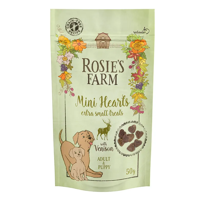 Endast denna vecka Rosie‘s Farm Snacks Puppy & Adult "Mini Hearts" Venison - Ekonomipack 5 x 50 g