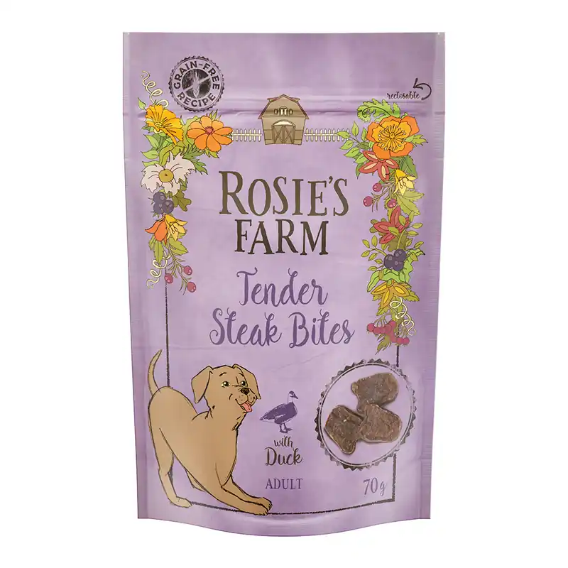 Nyhet Rosie‘s Farm Snacks Adult "Tender Steak Bites" Duck - Ekonomipack 5 x 70 g