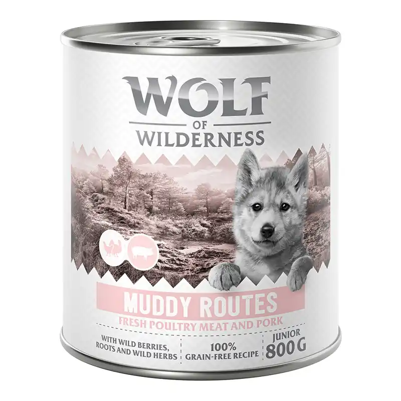 Erbjudande Wolf of Wilderness Junior “Expedition” 6 x 800 g - Muddy Routes - Fjäderfä & fläsk