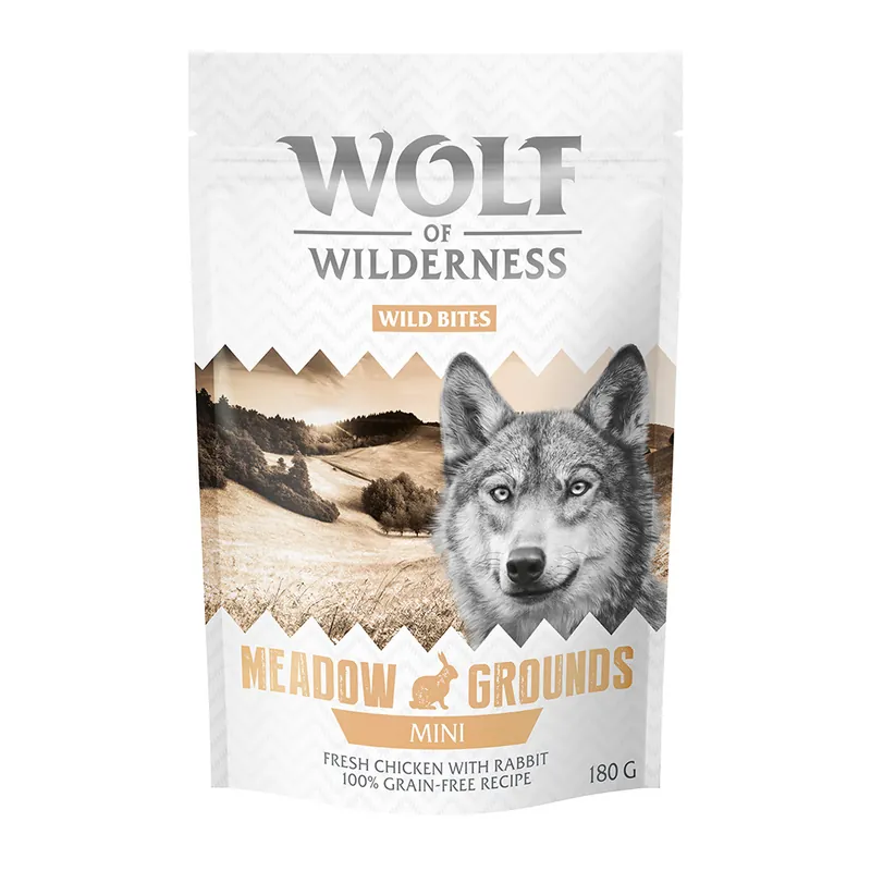 Begränsat antal Ekonomipack 3 x 180 g Wolf of Wilderness - Wild Bites Snacks - NY MINI Meadow Grounds - Rabbit & Chicken (små tärningar)