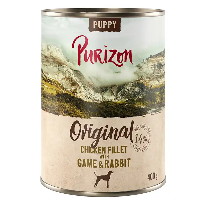 Ekonomipack Purizon Adult 24 x 400 g - Puppy Kycklingfilé med vilt & kanin Billig