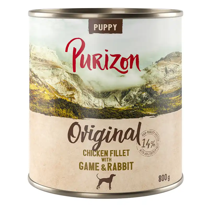 Ekonomipack Purizon 24 x 800 g - Puppy Kycklingfilé med vilt & kanin Populär