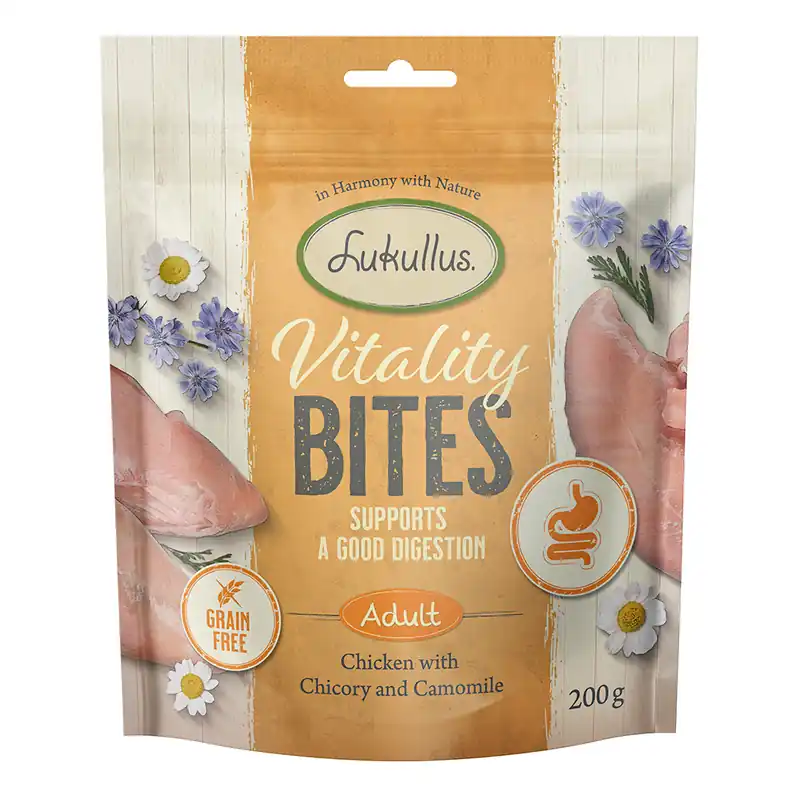 Begränsat erbjudande Lukullus Vitality Bites - stödjer matsmältningen kyckling (spannmålsfritt) - Ekonomipack 3 x 200 g