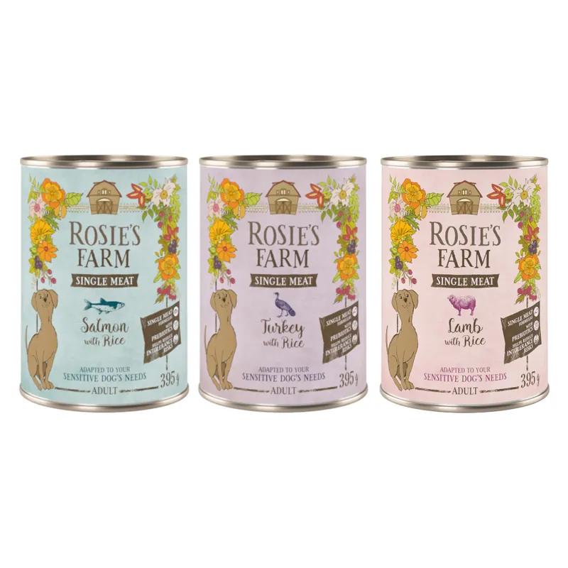 Rosie‘s Farm Single Meat Adult 6 x 395 g - Mixpack (kalkon & ris, lamm & ris, fisk & ris) Utförsäljning