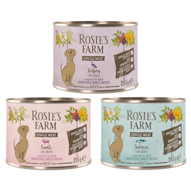 Handla nu Rosie‘s Farm Single Meat Adult 6 x 195 g - Mix (kalkon & ris, lamm & ris, fisk & ris)