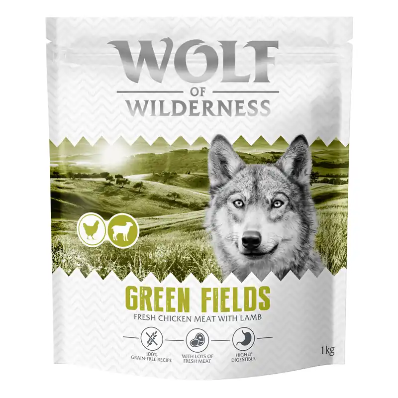 Begränsat antal Wolf of Wilderness Adult "Green Fields" lamm - spannmålsfritt - Ekonomipack 4 x 1 kg nytt recept