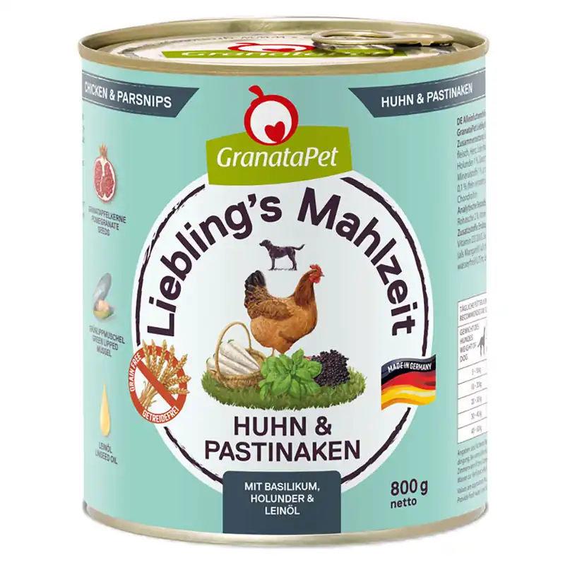Beställ nu Ekonomipack GranataPet Liebling‘s Mahlzeit 12 x 800 g - Kyckling med palsternacka, basilika, fläder & linolja