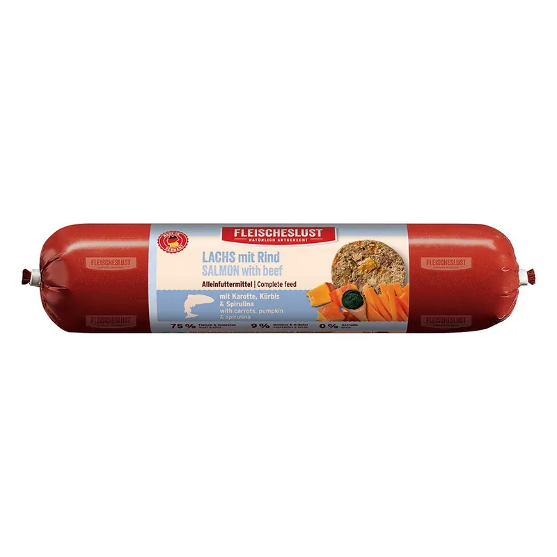 Fleischeslust Classic 6 x 800 g - Lax med nötkött, morot, pumpa & spirulina Sänkt pris