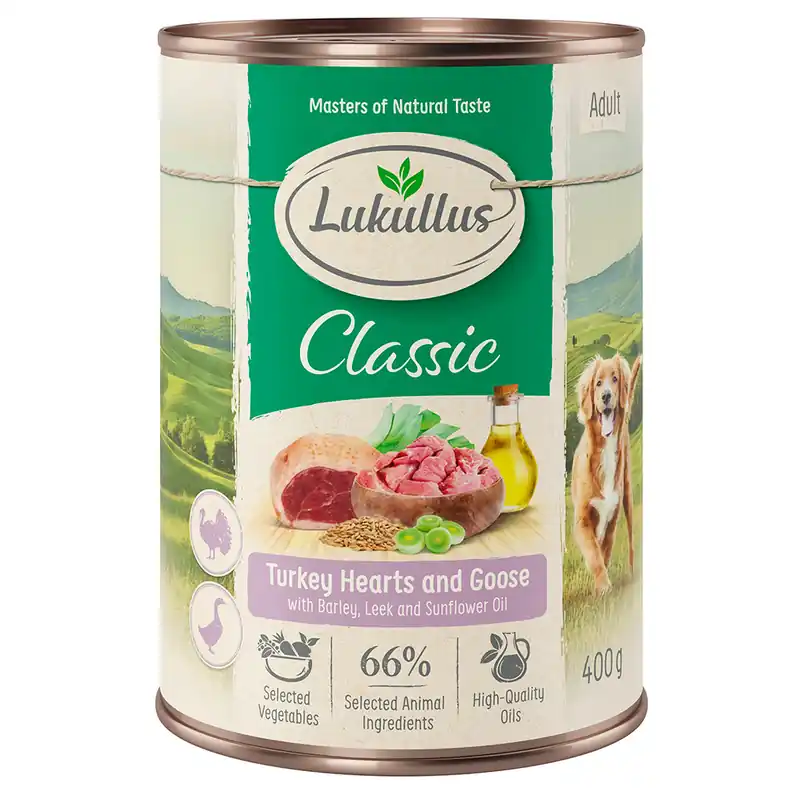 Rabatt Ekonomipack Lukullus Naturkost 12 x 400 g - Kalkonhjärta & gås