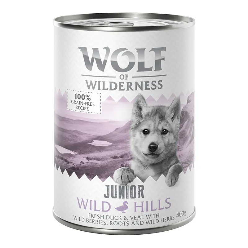 Ekonomipack Wolf of Wilderness Junior 12 x 400 g - Wild Hills Junior - Duck & Veal Handla nu