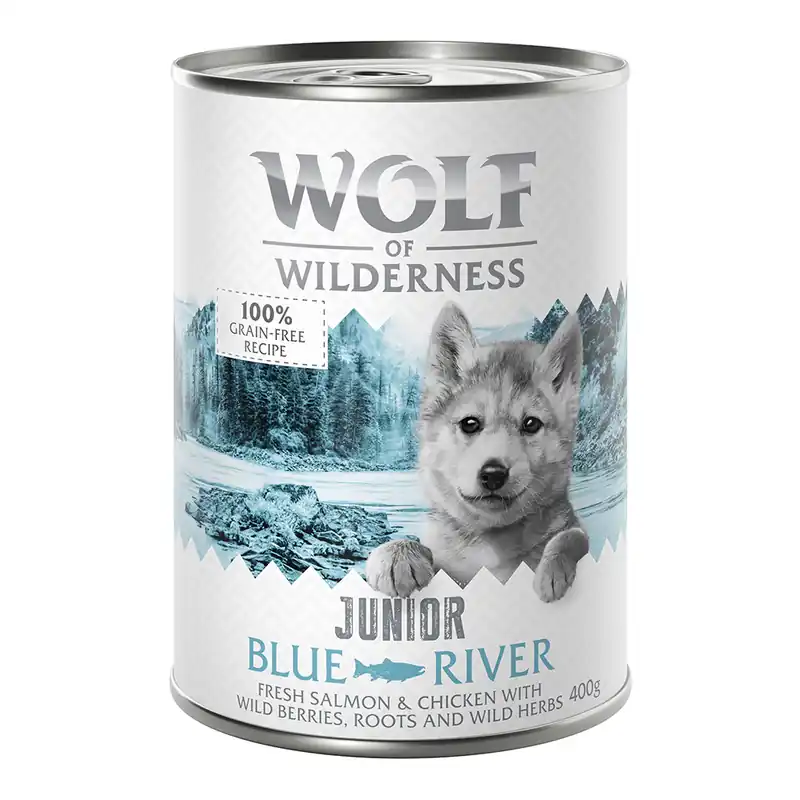 Ekonomipack Wolf of Wilderness Junior 12 x 400 g - Blue River Junior - Chicken & Salmon Reapris