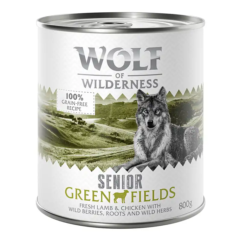 Ekonomipack Wolf of Wilderness Senior 12 x 800 g - Green Fields - Lamb & Chicken Bästa pris