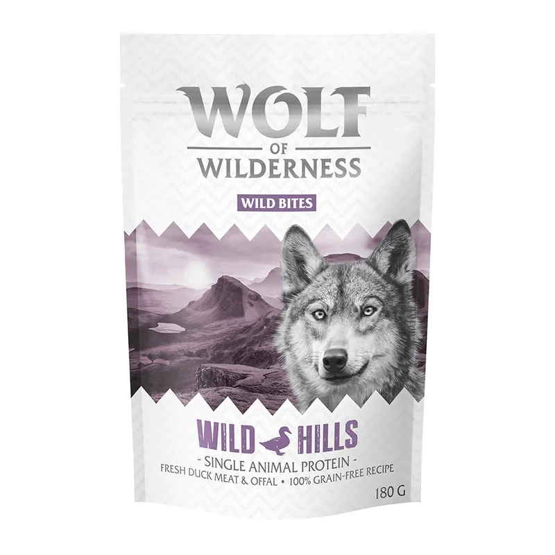Billigare Ekonomipack 3 x 180 g Wolf of Wilderness - Wild Bites Snacks - Wild Hills - Duck