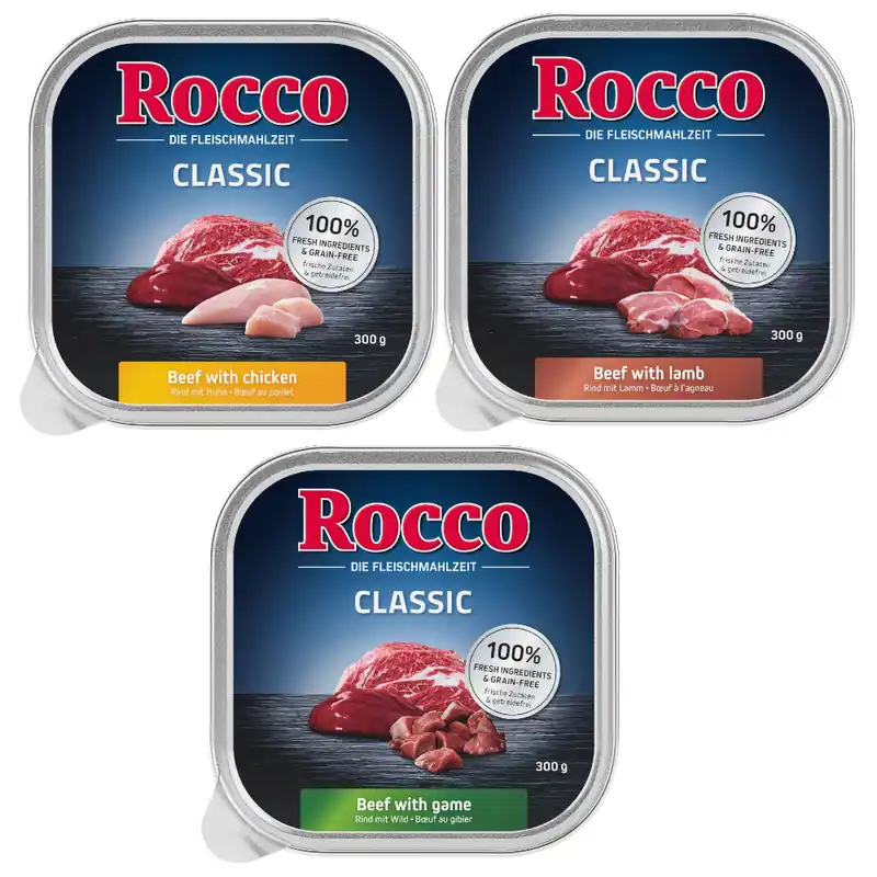 Beställ idag Blandat provpack Rocco 9 x 300 g - Classic Mix 2 Lamm, Kyckling, Vilt