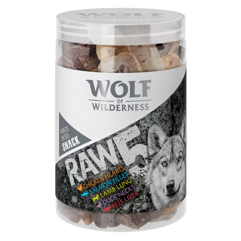 Beställ nu Wolf of Wilderness Snack - RAW 5 (blandpack, frystorkat) - Ekonomipack 450 g (3 x 150 g)