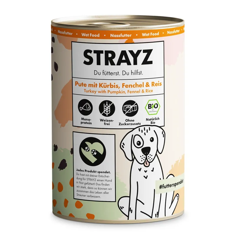 STRAYZ BIO 6 x 400 g - Ekologisk kalkon med ekologisk pumpa, ekologisk fänkål & ekologiskt ris Billig