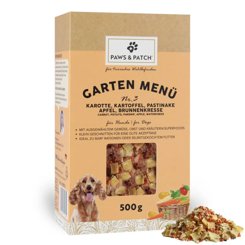 PAWS PATCH trädgårdsmeny för hundar - Nr 3 Morot, potatis, palsternacka, äpple, vattenkrasse (500 g) Rabatter