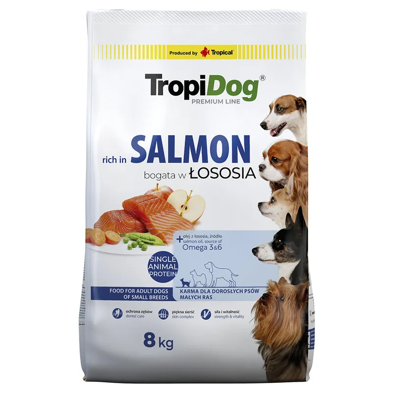 Tropidog Premium Adult Small med lax - Ekonomipack 2 x 8 kg Begränsad tid
