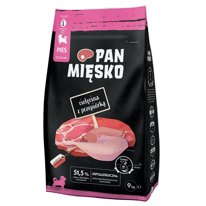 Pan Mięsko Large Puppy kalv med vaktel - 9 kg Nedsatt pris
