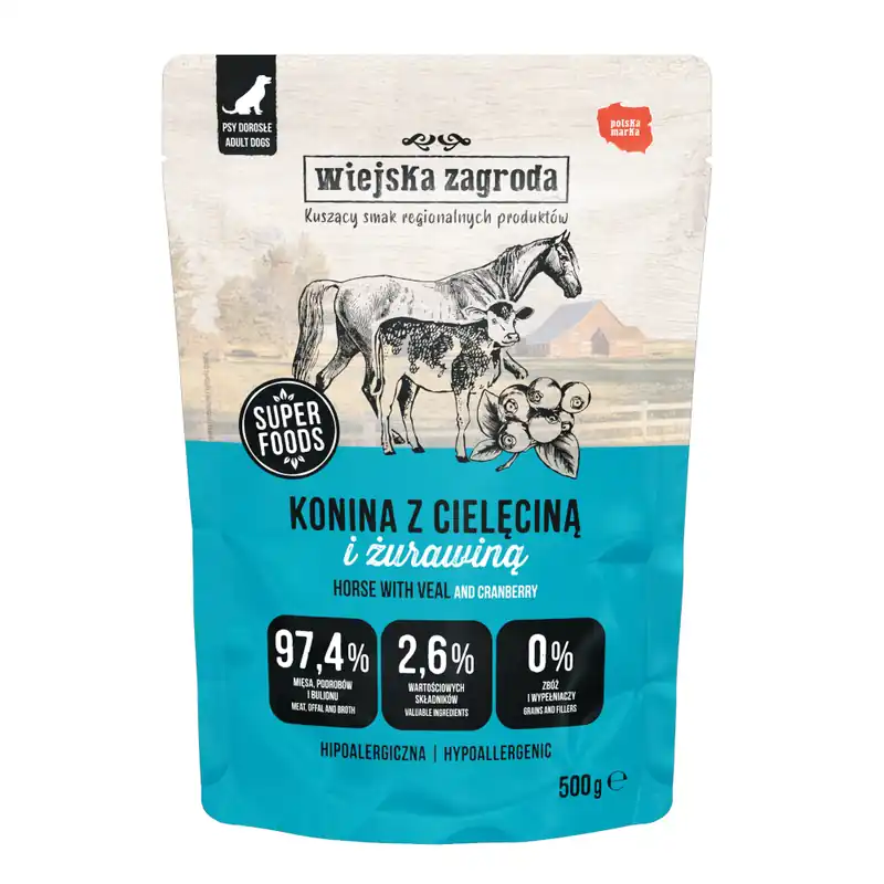 Sänkt pris Ekonomipack Wiejska Zagroda Dog Pouches 3 x 500 g - Hästkött med kalvkött