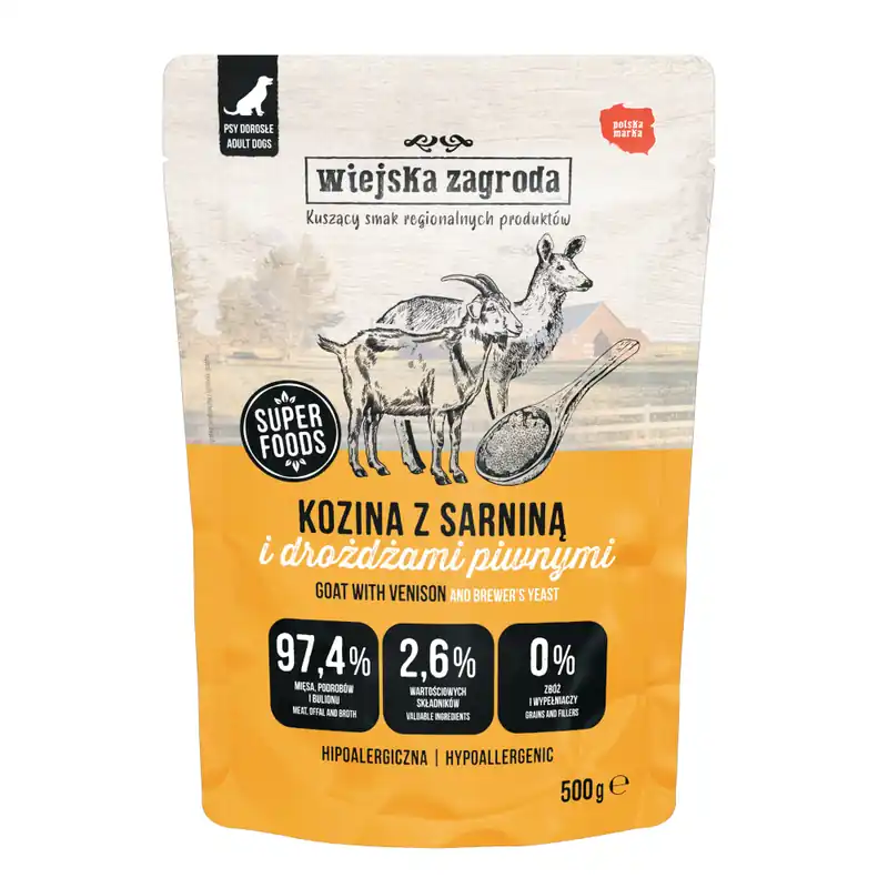 Ekonomipack Wiejska Zagroda Dog Pouches 3 x 500 g - Getskinn med viltkött Expressleverans
