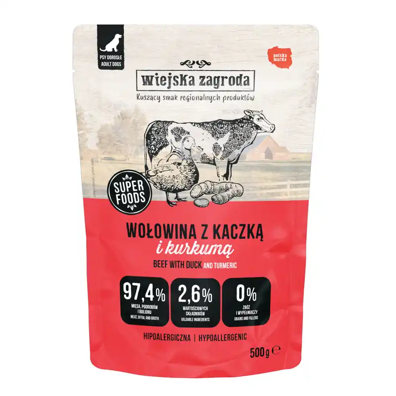 Ekonomipack Wiejska Zagroda Dog Pouches 3 x 500 g - Nötkött med anka I lager