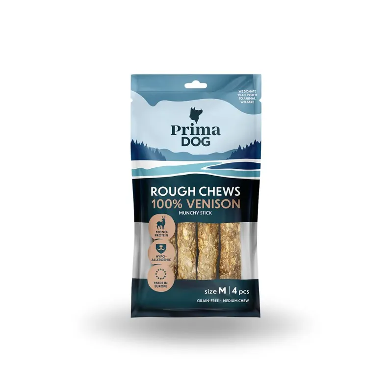 Billigare PrimaDog Rough Chews Hjortfylld tuggpinne M 12 cm 4 st