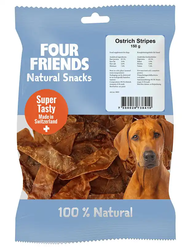 Beställ nu Ostrich Stripes hundgodis - 150 g