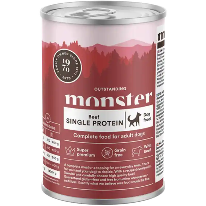 Endast denna vecka Dog Adult Single Beef Burk 400 g - Hund - Hundmat & hundfoder - Våtmat & Våtfoder för hund - Monster Pet Food - ZOO.se