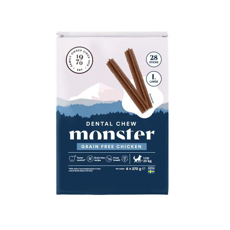 Dog Dental Chew Grain Free Chicken Large Month 28 pcs 1080 g - Hund - Hundgodis - Dentaltugg & Tandtugg - Monster Pet Food - ZOO.se Fynd