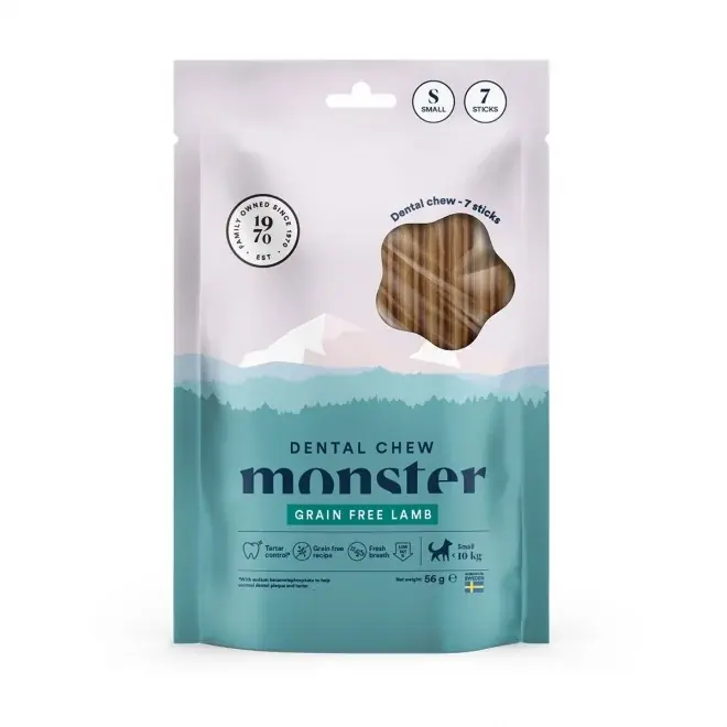 Begränsat antal Monster Dental Chew Spannmålsfri Lamm Tuggpinne S för hundar