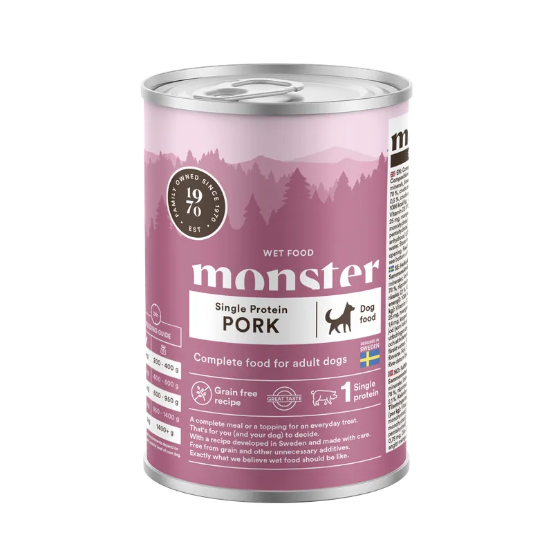 Premium Dog Adult Single Protein Pork Can 400 g - Hund - Hundmat & hundfoder - Våtmat & Våtfoder för hund - Monster Pet Food - ZOO.se
