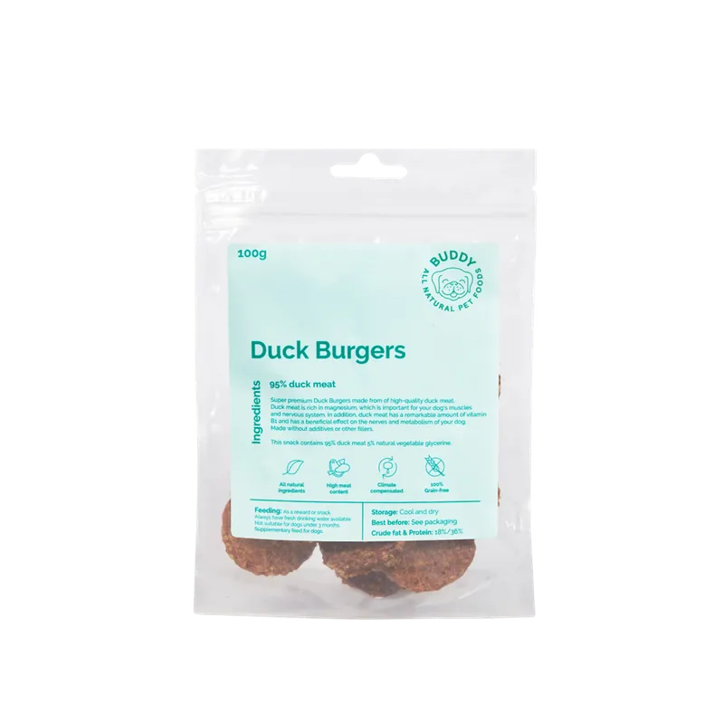 Rabatt Buddy Duck Burgers Hundgodis 100 g
