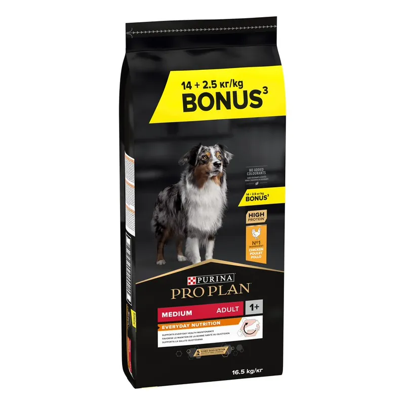 14 + 2,5 kg på köpet! 16,5 kg PURINA PRO PLAN - Medium Adult Everyday Nutrition Fynd